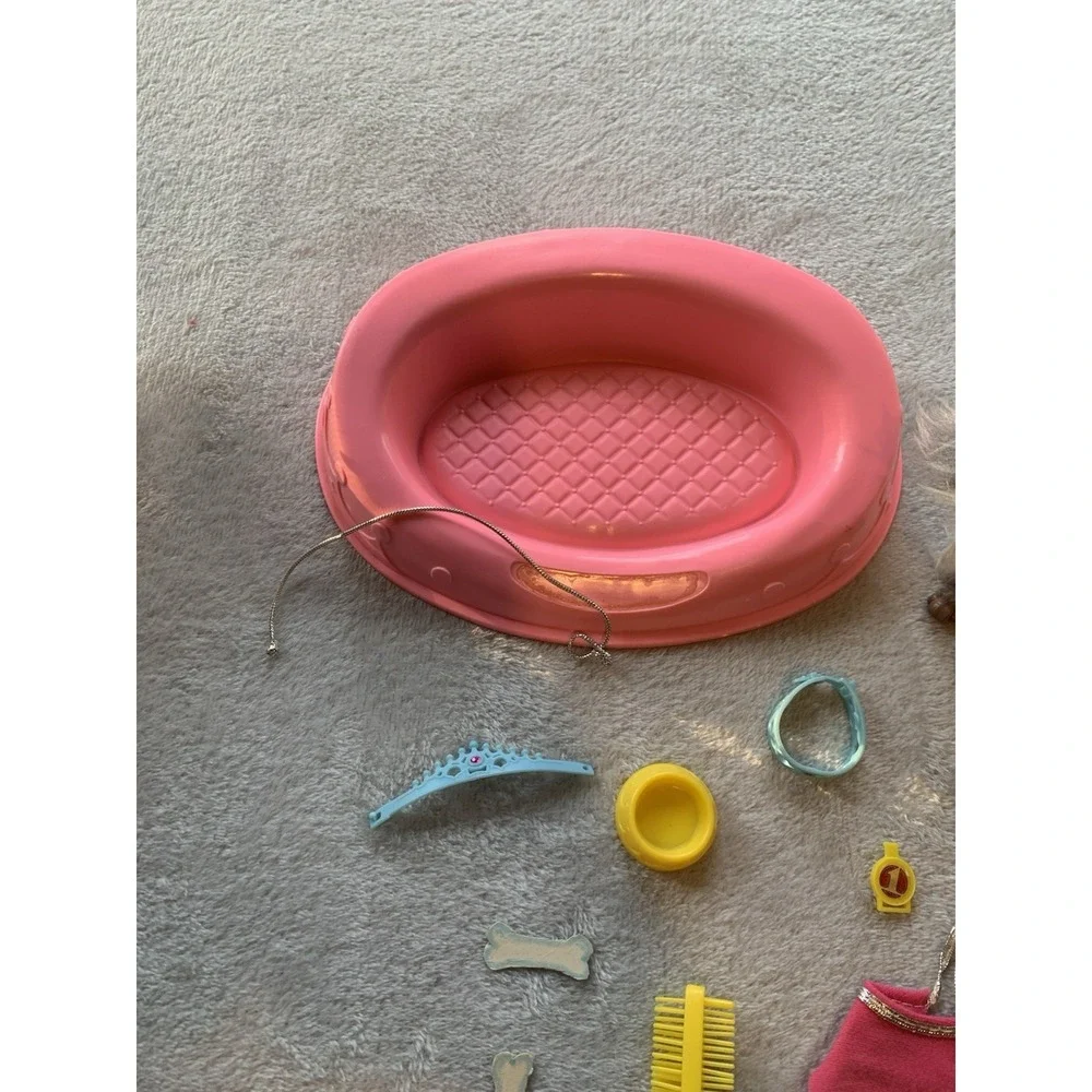 Vintage 1979 Barbie Doll Dog BEAUTY Afghan Hound Collar Pink Bed Bowl Hat Brush